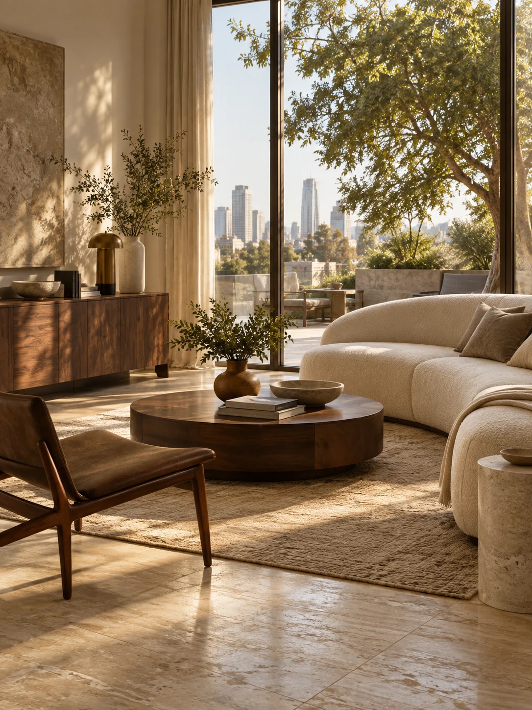 Illustrative interior with natural stone and timber finishes